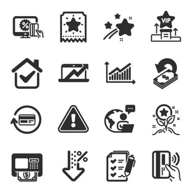 Graph, Cashback, Komisyon sembolleri gibi bir dizi Finans simgesi. ATM, sadakat bileti, Vip podyum tabelaları. Düşük yüzde, online alışveriş, satış şeması. Sadakat düz simgeleri gösterir. Vektör