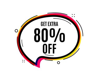 Satıştan% 80 indirim al. Konuşma balonu taşıyıcı pankartı. İndirimli fiyat tabelası. Özel teklif sembolü. Yüzde 80 tasarruf ederiz. Düşünce ya da diyalog balonu şeklinde. Vektör