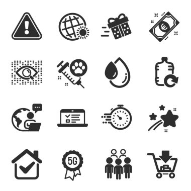 Tazeleme suyu, köpek aşısı, internet sitesi sembolleri gibi iş simgeleri. 5G teknolojisi, grup üyeleri, Euro para tabelaları. Zamanlayıcı, yağ damlası, hediye teslimatı. Dünya havası. Vektör