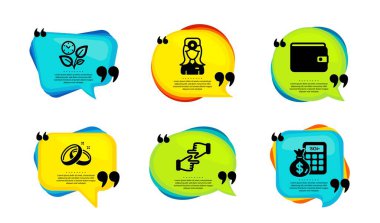 Göz doktoru, alyans ve para cüzdanı simgeleri. Tırnak içinde konuşma balonu. Ellerinizi tıklatın, Yaprak ve Finans hesap makinesi işaretleri. Optometrist, Love, Ödeme Metodu. Vektör