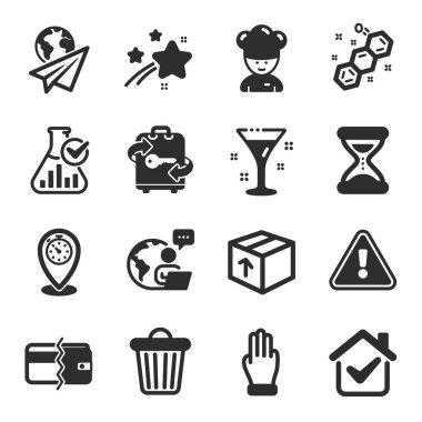 Time, Chemical formülü, paket sembolleri gibi iş simgeleri. Ödeme yöntemleri, zamanlayıcı, üç parmak işareti. Aşçı şefi, kağıt uçak, kokteyl. Bagaj, kimya laboratuvarı, çöp kutusu. Vektör