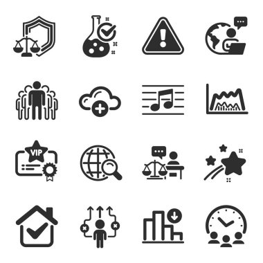 İş yolu, adalet terazisi, Vip sertifika sembolleri gibi bir dizi eğitim ikonu. Grup, kimya laboratuvarı, internet arama işaretleri. Mahkeme yargıcı, ticaret çizelgesi, azalan grafik. Buluşma zamanı. Vektör