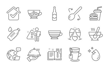 Yemek kaşığı, su damlası ve düğün gözlüğü çizgisi simgeleri. Soğuk kahve, su şişesi ve hamburger tabelaları. Restoran yemekleri, yemek tarifi kitabı ve çay sembolleri. Bira şişesi, çay fincanı ve kapuçino. Vektör