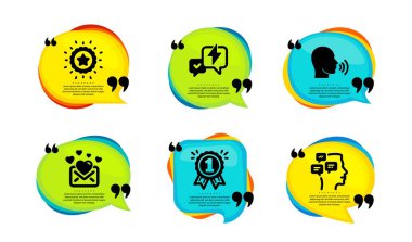 Aşk mektupları, ödüllü ve kazanan yıldız simgeleri, basit set. Tırnak içinde konuşma balonu. Şimşek, İnsan Şarkısı ve Mesajları. Sevgililer Günü mektubu, birincilik ödülü, en iyi ödül. Vektör