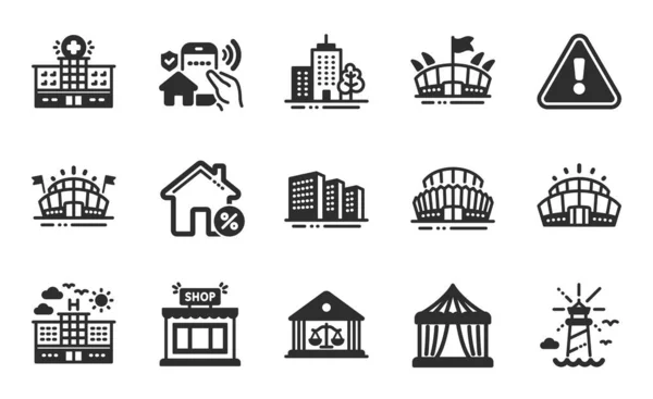 Arena Stadium Lighthouse Skyscraper Buildings Icons Simple Set Buildings Shop — Stock Vector