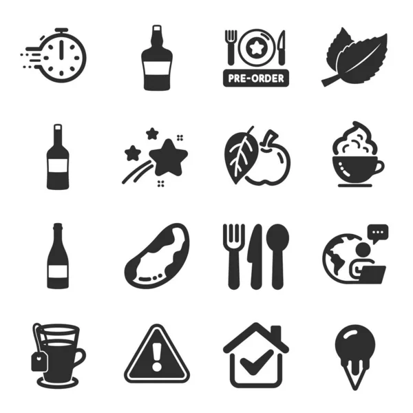 Conjunto Iconos Alimentos Bebidas Como Temporizador Cocina Símbolos Vino Helado — Vector de stock