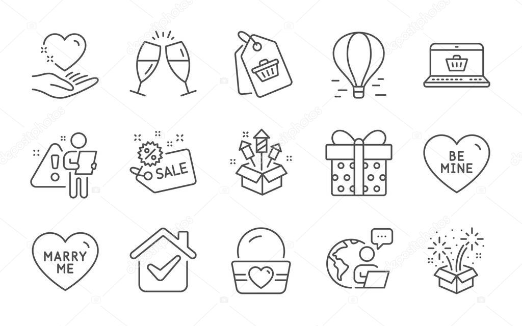 Champagne glasses, Ice cream and Be mine line icons set. Sale, Marry me and Fireworks signs. Fireworks rocket, Sale tag and Hold heart symbols. Online shopping, Air balloon and Gift box. Vector