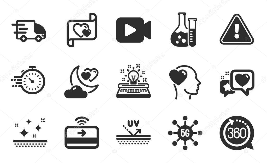 Love letter, Contactless payment and Heart icons simple set. Friend, 360 degrees and Love night signs. Chemistry lab, Clean skin and 5g technology symbols. Flat icons set. Vector