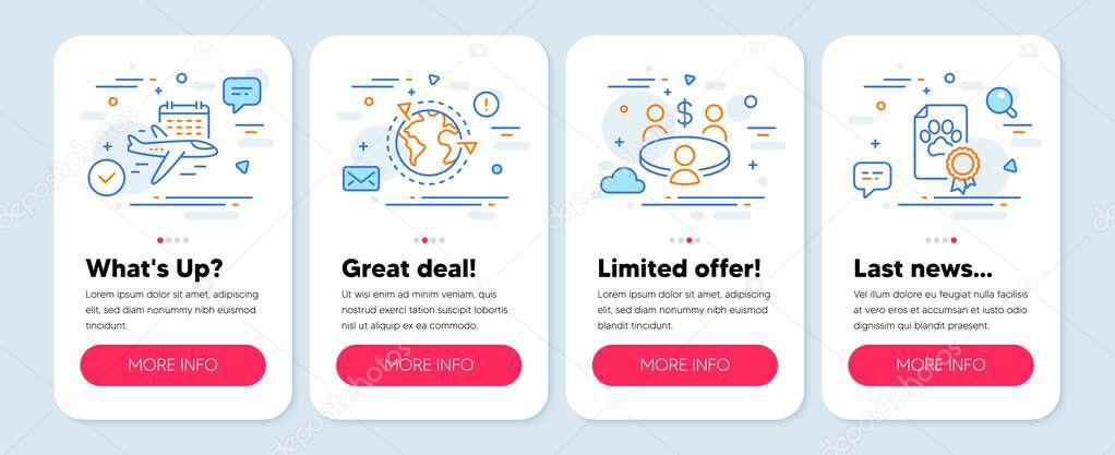 Set of Business icons, such as Outsourcing, Select flight, Meeting symbols. Mobile screen app banners. Dog certificate line icons. Around the world, Airport calendar, Business collaboration. Vector