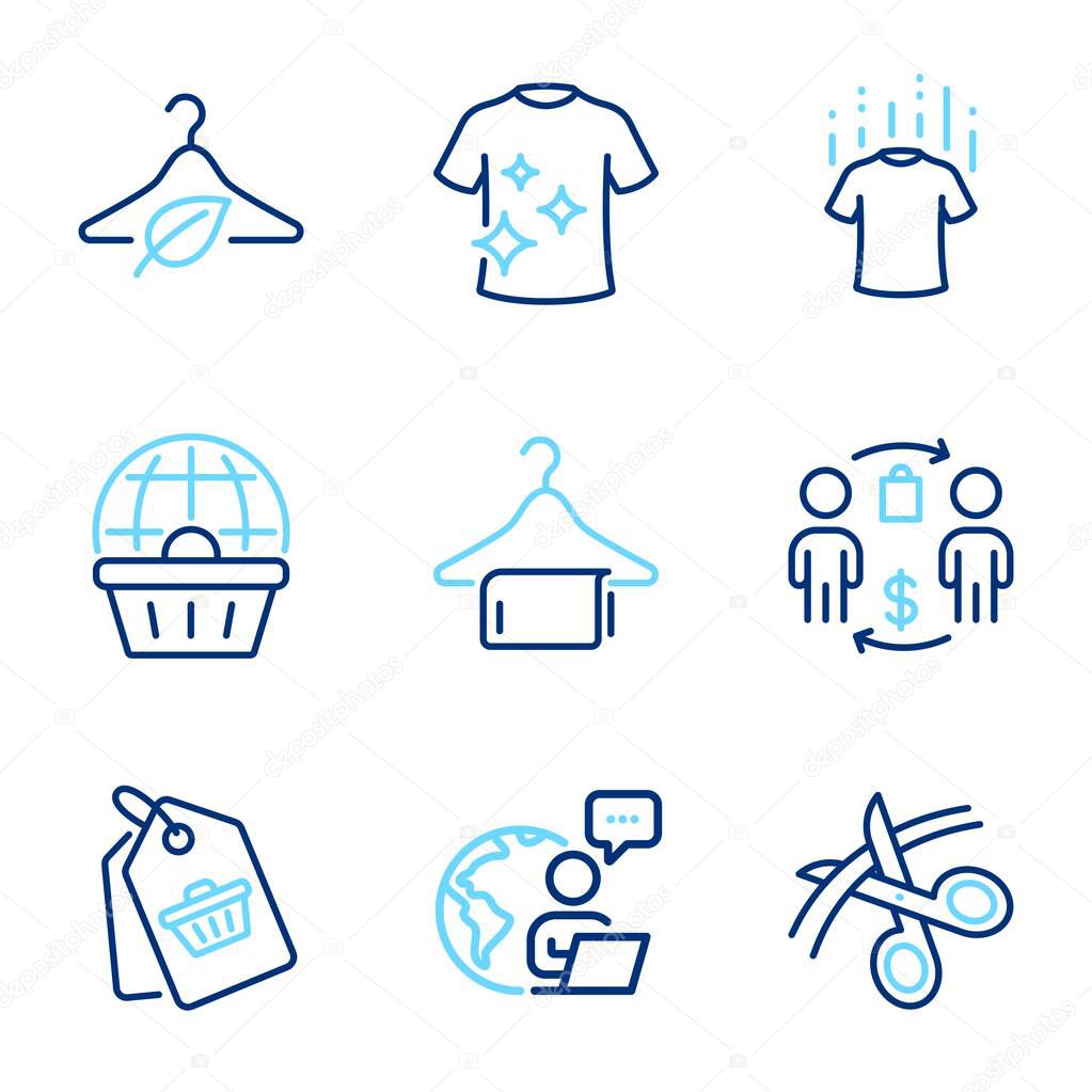 Fashion icons set. Included icon as Scissors, Dry t-shirt, Online shopping signs. Sale tag, Clean towel, Clean t-shirt symbols. Slow fashion, Buying process line icons. Line icons set. Vector