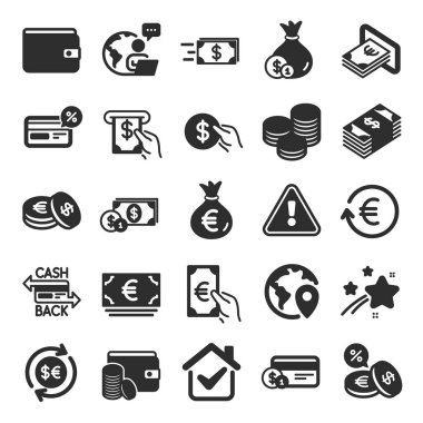 Para cüzdanı simgeleri. Kredi kartı, nakit para ve sikke ikonları. Bankacılık, Döviz Kurumu ve Nakit Servis. Cüzdan, Euro ve Dolar parası, kredi kartı. Para değişimi, banka ödemesi. Vektör