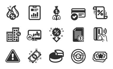 Kredi evi, Hedefleme ve Mali Belgeler basit simgeler. Kredi, İndirim ve Ödeme yöntemleri işaretleri. Temassız ödeme, rapor belgesi ve pasta çizelgesi sembolleri. Düz simgeler ayarlandı. Vektör