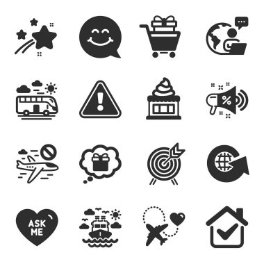 Dondurma, uçuşun iptali, okçuluk sembolleri gibi bir dizi tatil ikonu. Balayı seyahati, dünya küresi, bana işaretleri sor. Alışveriş arabası, gülen surat, gemi yolculuğu. İndirimli megafon, hediye rüyası. Vektör