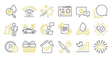 Bulut ağı, Pazarlama, Hediye Sembolleri gibi iş simgeleri. Sohbet mesajı, büyüme çizelgesi, ilaç belirtileri. Park zamanı, yemek, anakart. Su analizi, Wifi, su sıçratma. Vektör