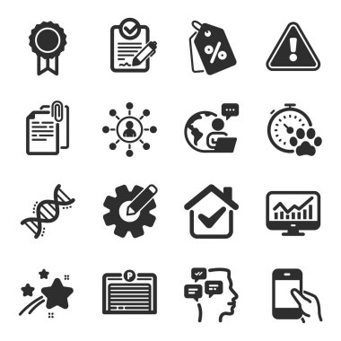 Cogwheel, Hold smartphone, Park Garajı sembolleri gibi iş simgeleri. İstatistikler, köpek yarışmaları, mesajlar. İndirim etiketleri, Ağ, Belge eklentisi. Kimya DNA 'sı. Vektör