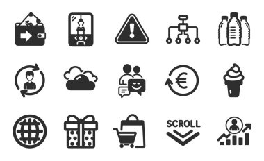 Hediye kutusu, Cüzdan ve Turna Pençesi basit simgeler seti. Dünya, İletişim ve İnsan Kaynakları işaretleri. Kariyer basamakları, döviz değişimi ve yeniden yapılanma sembolleri. Düz simgeler ayarlandı. Vektör