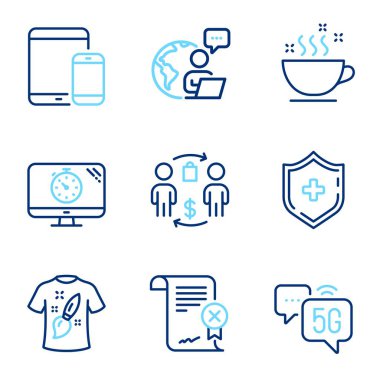 İş simgeleri ayarlandı. Satın alma işlemi olarak simge, kahve fincanı, tişört tasarımı tabelaları dahil. Reddetme belgesi, Seo timer, 5G internet sembolü. Tıbbi kalkan, mobil cihazlar çizgi simgeleri. Vektör