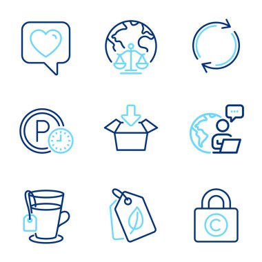 Satır simgeleri ayarlandı. Tam dönüşlü simge, yargıç mahkemesi, telif hakkı dolap işaretleri dahil. Park zamanı, Tea, kutu sembolleri al. Kalp, biyoloji çizgi simgelerini etiketler. Satır simgeleri ayarlandı. Vektör