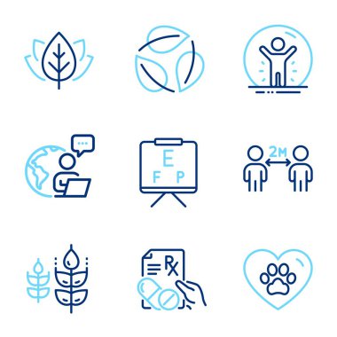 Sağlık hizmetleri ikonları ayarlandı. Glüten içermeyen simge, vizyon tahtası, iz bırakır. Kurtarılan kişi, organik testler, sosyal uzaklık sembolleri. Evcil hayvan bakımı, reçeteli ilaç hattı ikonları. Vektör