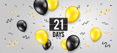 Geriye 21 gün kaldı. Geri sayım sayacı. Balon konfeti geçmişi. İmzalamak için 21 gün. Doğum günü balonuna birkaç gün kaldı. Geri sayım afişini kutlayın. Karşı arkaplan. Vektör