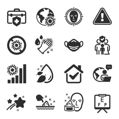 Yüz tanıma, vizyon tahtası, sağlık sigortası sembolleri gibi tıbbi ikonlar. Coronavirus istatistikleri, tıbbi maske, cilt nemlendirme işaretleri. Yüz kremi, aile sigortası, Coronavirus. Vektör