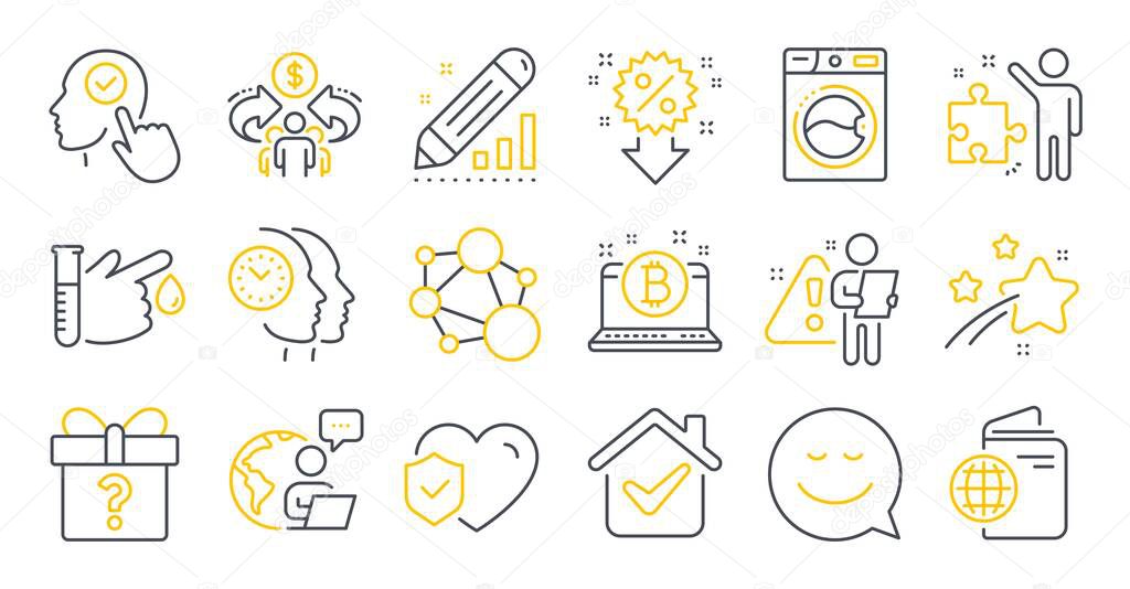 Set of Business icons, such as Secret gift, Select user, Life insurance symbols. Sharing economy, Integrity, Travel passport signs. Washing machine, Discount, Bitcoin. Blood donation. Vector