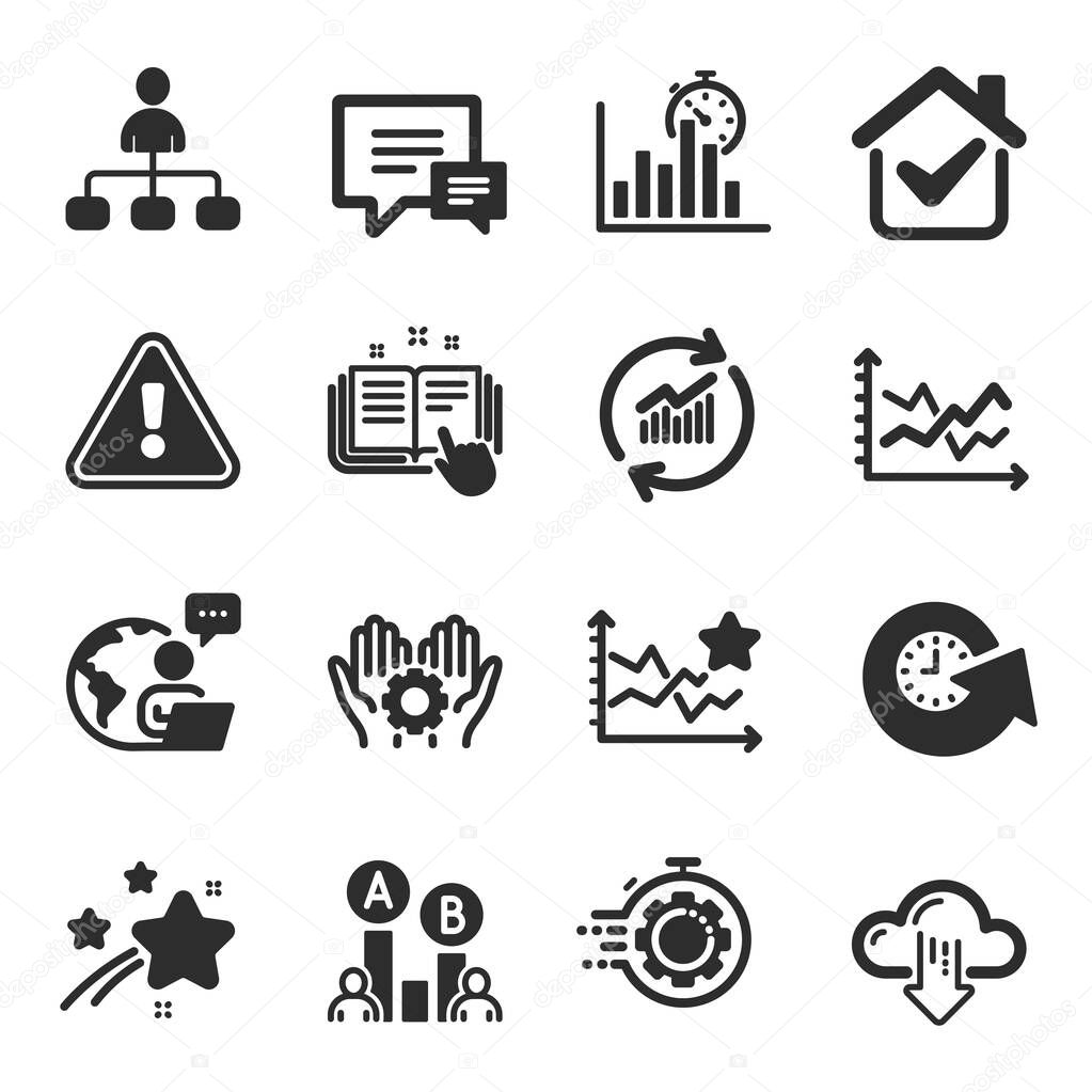 Set of Technology icons, such as Seo timer, Cloud download, Ranking stars symbols. Technical documentation, Diagram chart, Management signs. Report timer, Comment, Update data. Ab testing. Vector