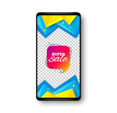 Süper satış afişi. Telefon modelleme vektör pankartı. İndirimli çıkartma şekli. Kupon sohbet balonu ikonu. Sosyal hikaye posta şablonu. Süper satış rozeti. Cep telefonu çerçevesi. Soyut modern arka plan. Vektör