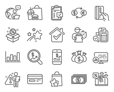Finans simgeleri ayarlandı. Satış, ödeme kartı, para birimi denetim tabelaları gibi simgeleri de içeriyor. Döviz kurları, seyahat kredisi, kredi kartı sembolleri. Sadakat puanları, muhasebe, çek yatırımı. Vektör