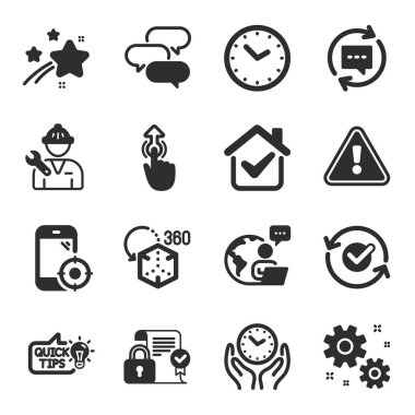 Seo phone, Talk balonu, onaylanmış semboller gibi bir dizi teknoloji simgesi. Güvenlik sözleşmesi, Tamirci, yorumları güncelle. İş, güçlendirilmiş gerçeklik, güvenli zaman. Geçiş yap, eğitim fikri. Vektör