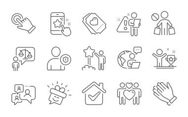 Destek sohbeti, avukat ve yıldız derecelendirme çizgisi simgeleri ayarlandı. El çırpma, aşk bileti ve galibiyet kupası işaretleri. Dokunmatik ekran jesti, Aşk Çifti ve alışveriş sembollerini bırak. Gülümseyin, Yıldız ve Güvenlik. Vektör