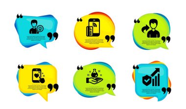 Paylaşım, kalp derecelendirme ve kimya laboratuarının simgeleri basit. Tırnak içinde konuşma balonu. Kişi fikri, temassız ödeme ve güvenlik istatistikleri. Erkek kullanıcı, telefon geri bildirimi, laboratuvar. Vektör