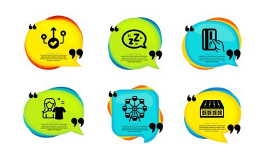 Uyu, dönme dolap ve temiz gömlek simgeleri basit. Tırnak içinde konuşma balonu. Doğru yol, ödeme kartı ve yatak tabelaları. Zzz balonu, Cazibe Parkı, Çamaşırhane tişörtü. Vektör