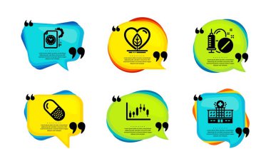 Kapsül hapı, şamdan grafiği ve yerel ikonlar basit seti. Tırnak içinde konuşma balonu. Tıbbi ilaçlar, proje teslim tarihi ve hastane binası tabelaları. Vektör