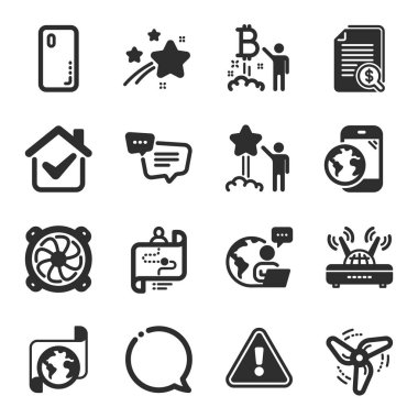Metin mesajı, Bitcoin projesi, Finansal belge sembolleri gibi bir dizi teknoloji simgesi. Akıllı telefon kılıfı, bilgisayar fanı, konuşma balonu işaretleri. Çeviri servisi, yolculuk yolu, karıcığım. Vektör
