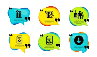 Dosya ayarları, kredi kartı ve Ab test simgeleri basit seti. Tırnak içinde konuşma balonu. Yasal belgeler, tıbbi aşılar ve aşağı yazılar. Dosya yönetimi, ATM ödemesi, test çizelgesi. Vektör