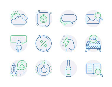 İş simgeleri ayarlandı. Arama postası olarak simge, Haberci, Beyin Fırtınası işaretleri dahil edildi. Zamanlayıcı, güneşli hava, yüzde bir kredi sembolü. Usa yakın sınırlar, danışmanlık işi, girişim. - Bira. Vektör