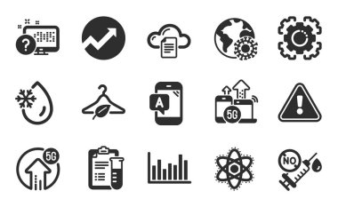 Kimya atomu, 5g yükleme ve çubuk diyagram simgeleri basit set. Ab testi, çevrimiçi sınav ve Yavaş moda tabelaları. Seo giysileri, Denetleme ve Dondurucu Su Sembolleri. Düz simgeler ayarlandı. Vektör