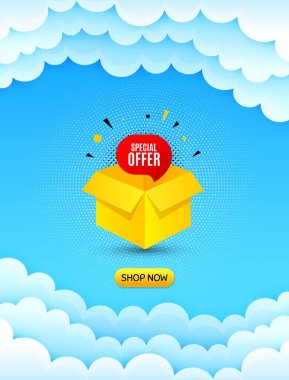 Özel teklif afişi. Mesaj içeren bulutlu gökyüzü arkaplanı. İndirimli çıkartma şekli. Hediye kuponu ikonu. En iyi reklam kuponu bulut afişi. Özel teklif rozet şekli. Mavi gökyüzü arka planı. Vektör