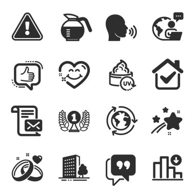 UV koruması, insan şarkısı, sembol gibi iş simgeleri. Gülen surat, binalar, mektup tabelaları. Evlilik yüzükleri, azalan grafikler, dış kaynak kullanımı. Ödül ödülü, kahve kabı. Vektör