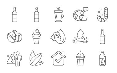 Şarap, dondurma ve su sıçrama çizgisi simgeleri hazır. Kahve çekirdekleri, Latte ve kahve kokteyli tabelaları. Su şişesi, konyak şişesi ve şeker sembolleri. Ayçekirdeği. Vanilyalı waffle, Aqua drop. Vektör