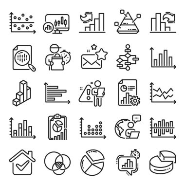 Grafikler ve Diyagram çizgi simgeleri. Rapor, 3D Grafik, Blok diyagramı ve Dot Plot grafik doğrusal simgeleri. Trend, Piramit ve Turta grafiği sembolleri rapor ediyor. Sunum bilgi şeması, işlem akış şeması. Vektör