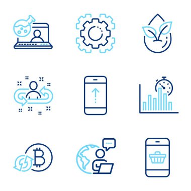 Teknoloji simgeleri ayarlandı. Organik ürün olarak simge, yukarı kaydırma, çevrimiçi kimya işaretleri dahil. Seo giysileri, akıllı telefonlar, işe alım sembolleri. Bitcoin 'i yenile, zaman çizgisi simgelerini bildir. Vektör