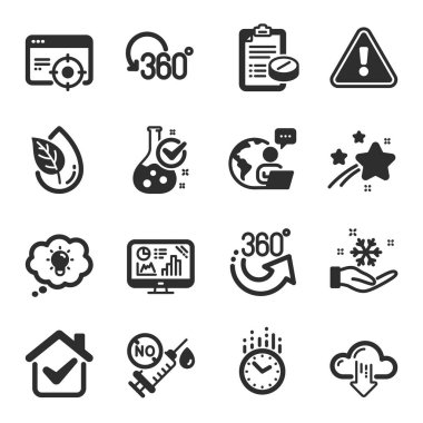 Tam dönüşüm, reçete, Seo 'nun hedef aldığı semboller gibi bilim simgeleri. Zaman, Donma, Analitik Grafik İşaretleri. 360 derece, kimya laboratuvarı, enerji. Organik ürün. Vektör