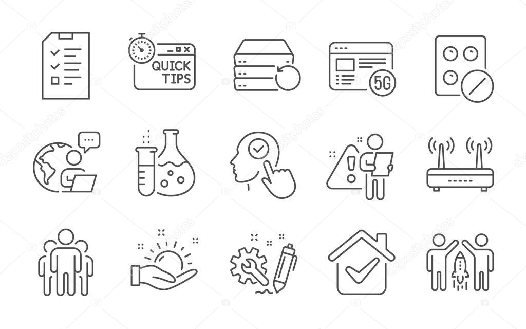 Group, Partnership and 5g internet line icons set. Interview, Recovery server and Wifi signs. Select user, Engineering and Medical tablet symbols. Line icons set. Vector