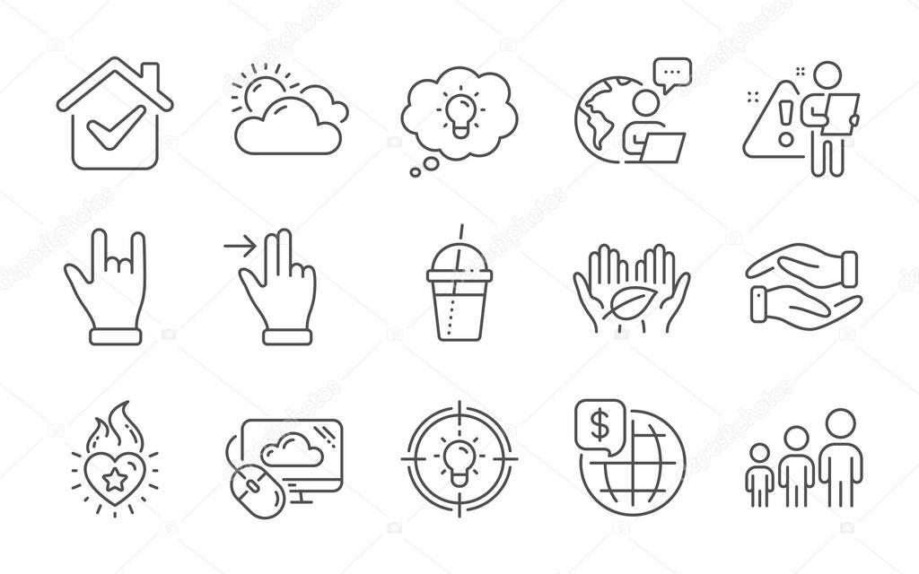 World money, Business hierarchy and Sunny weather line icons set. Idea, Horns hand and Energy signs. Fair trade, Touchscreen gesture and Cloud computing symbols. Line icons set. Vector