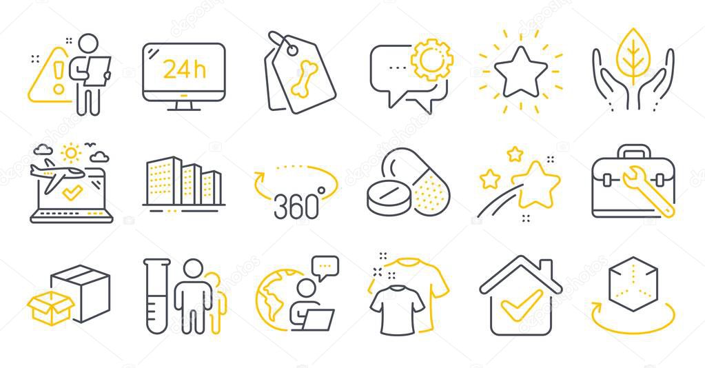 Set of Business icons, such as Rank star, Buildings, Fair trade symbols. Clean t-shirt, Medical analyzes, Employees messenger signs. 24h service, Pet tags, Medical drugs. Augmented reality. Vector