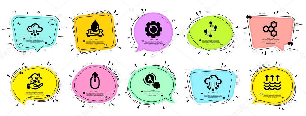 Science icons set. Speech bubble offer banners. Vector coupon badge. Included icon as Swipe up, Stay home, Recovery gear signs. Evaporation, Ab testing, Cloud computing symbols. Vector
