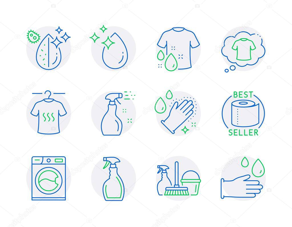 Cleaning icons set. Included icon as Cleaning spray, Washing machine, Dirty water signs. Dry t-shirt, Household service, T-shirt symbols. Water drop, Spray, Toilet paper. Washing hands. Vector