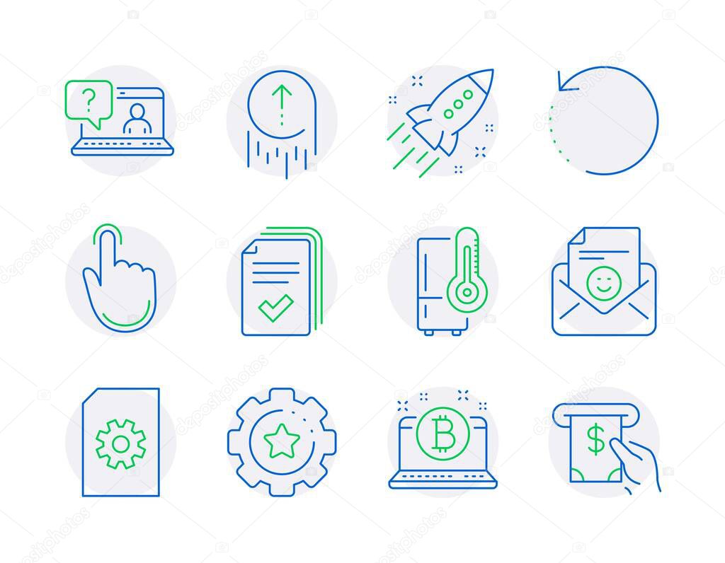Technology icons set. Included icon as Recovery data, Handout, Faq signs. Refrigerator, Swipe up, Smile symbols. Settings gear, File management, Startup rocket. Hand click, Bitcoin. Vector